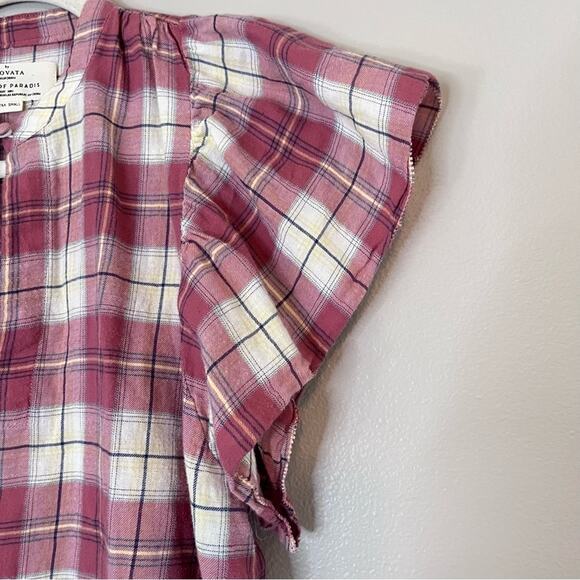 Trovata Birds of Paradis Brett Canyon Plaid Flutter Sleeve Blouse Top Red White - Picture 3 of 7